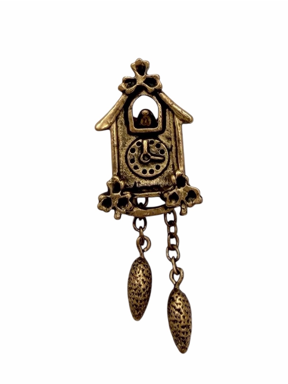 Vintage Avon Cuckoo Clock Brooch Pin Gold Tone Dangling Weights
